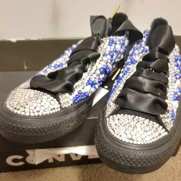 Custom Converse Taylor A/S ox black monochrome hand jeweled shoes size 7.5 - Picture 1 of 4
